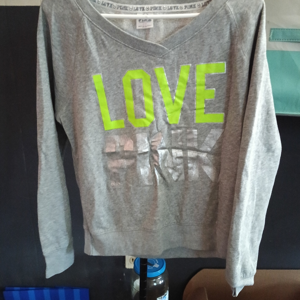 PINK Victoria's Secret Gray and Neon Green LOVE Sweatshirt